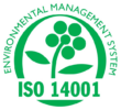 Logo cerc verde cu o plantă stilizată cu textul „Certificari Sistem de Management de Mediu ISO 14001.