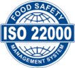 Sigla sistemului de management al siguranței alimentelor ISO 22000, prezentând un glob și un text albastru aldine, simbolizând standardele globale în certificarea siguranței alimentare.