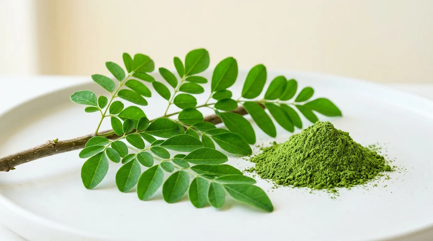 Moringa oleifera frunze verzi pe ramură — superaliment 9 aminoacizi esențiali și izotiocianați