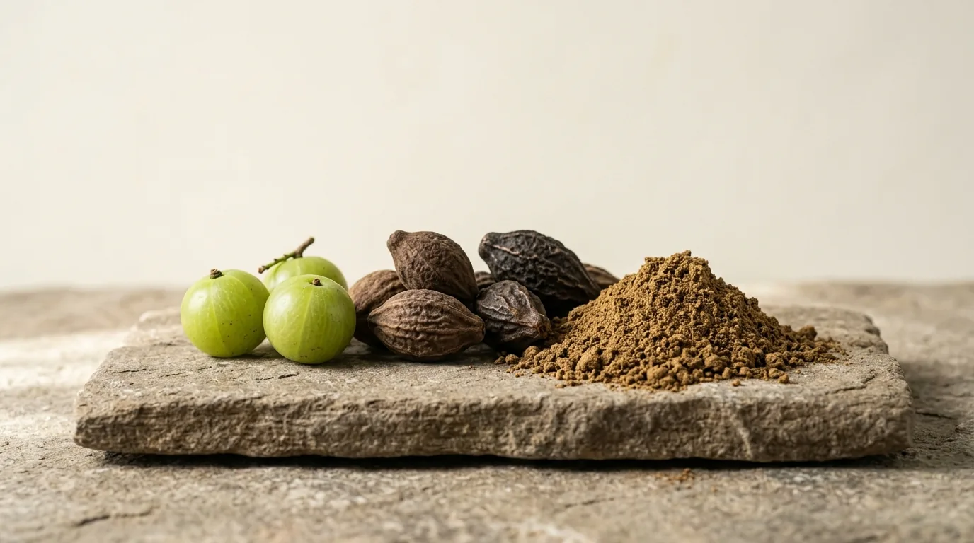 Triphala trei fructe ayurvedice amla bibhitaki haritaki — formulă pentru digestie și detox