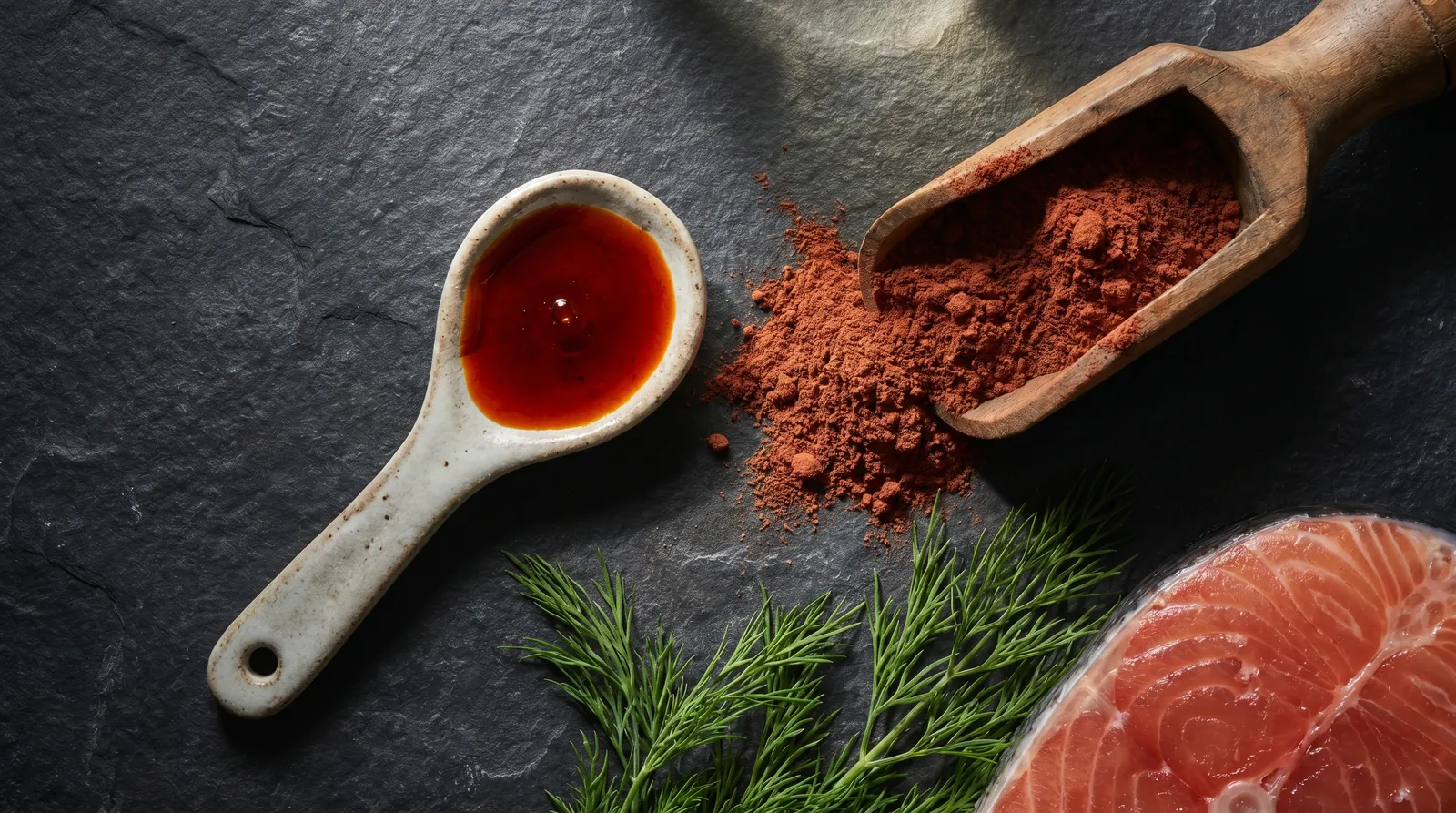 Astaxantină pură — ulei roșu vibrant, pulbere de microalgă Haematococcus pluvialis, mărar proaspăt și file de somon sălbatic cu pigment natural roz