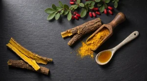 Rădăcină de Berberis aristata cu interior galben, pulbere de berberină și extract lichid pe ardezie