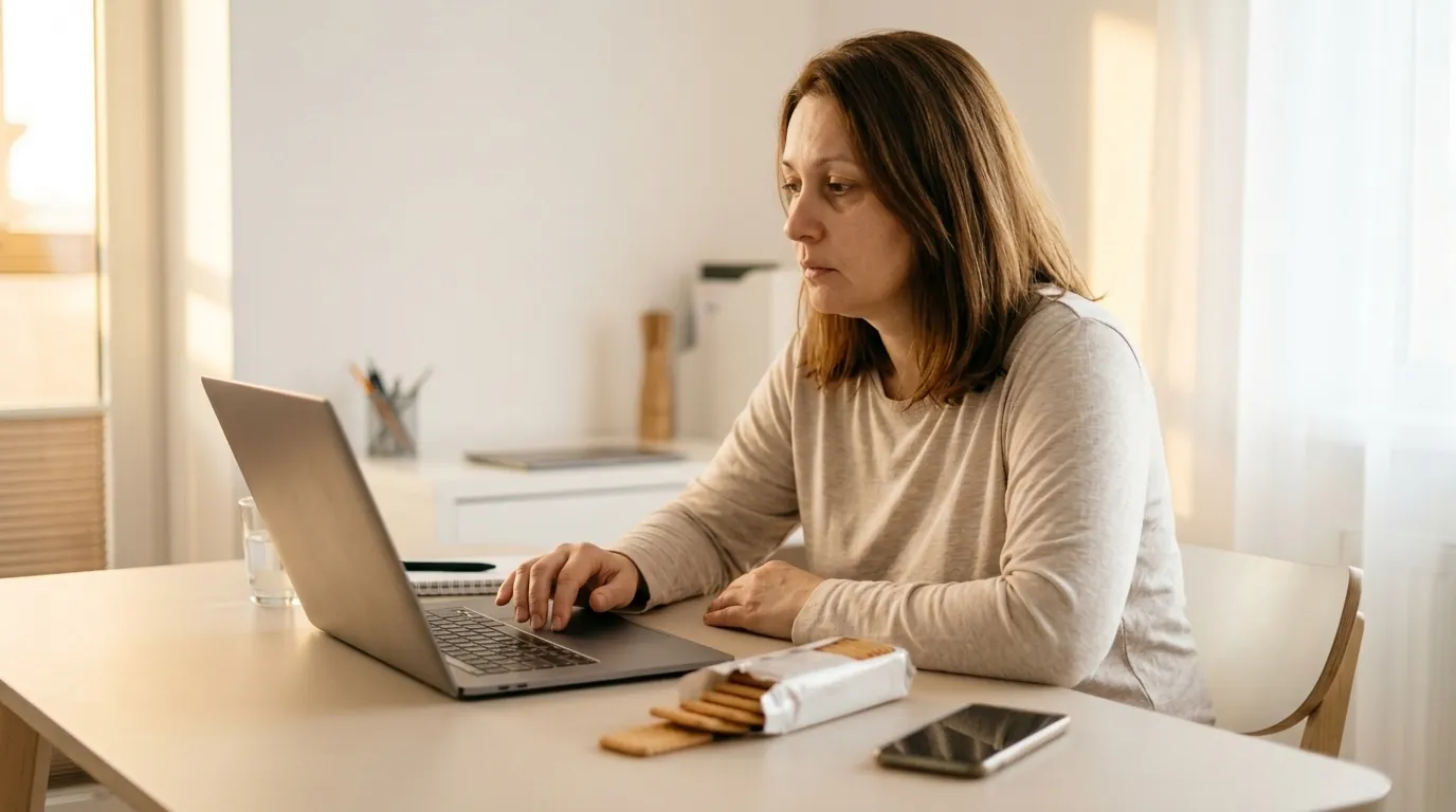 Birou cu laptop — momentul poftei de dulce între ședințe, conflictul metabolic cu carbohidrații rafinați