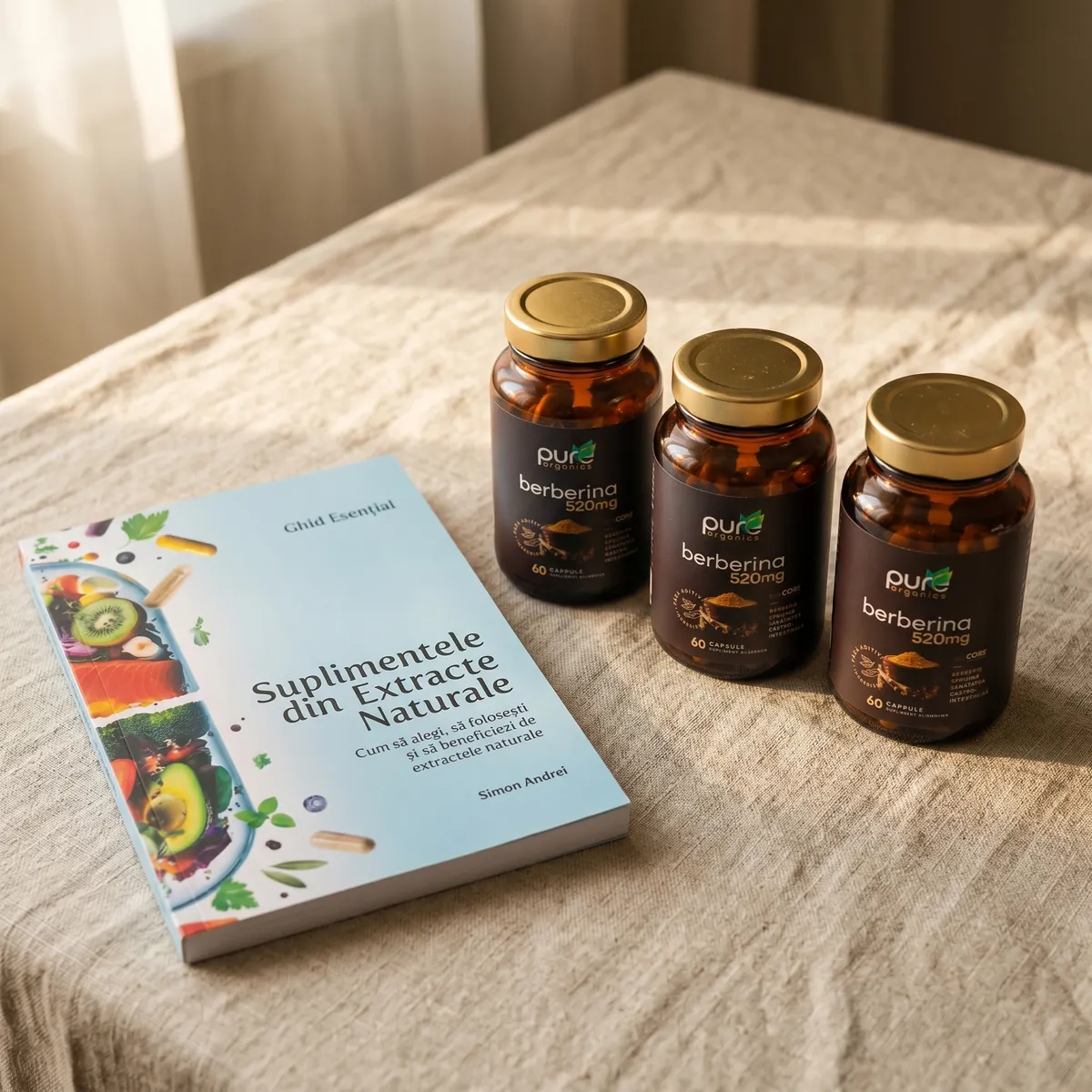 Cartea «Suplimentele din Extracte Naturale» și 3 flacoane Pure Organics Berberina 520mg