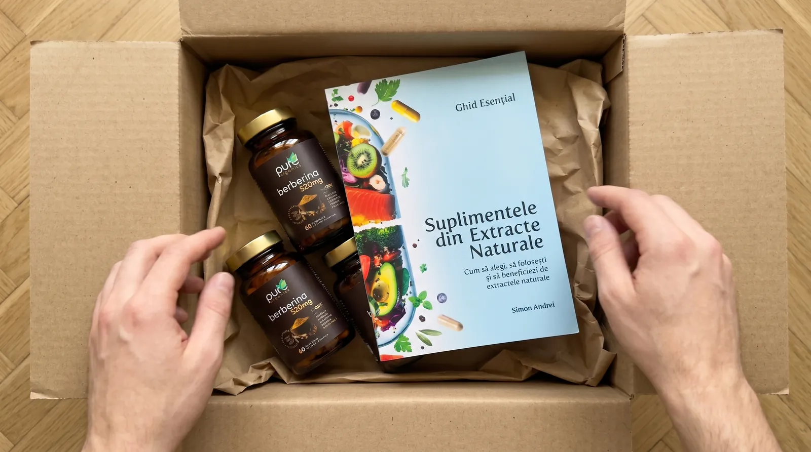 Coletul PureOrganics conținând cartea și flacoanele de supliment