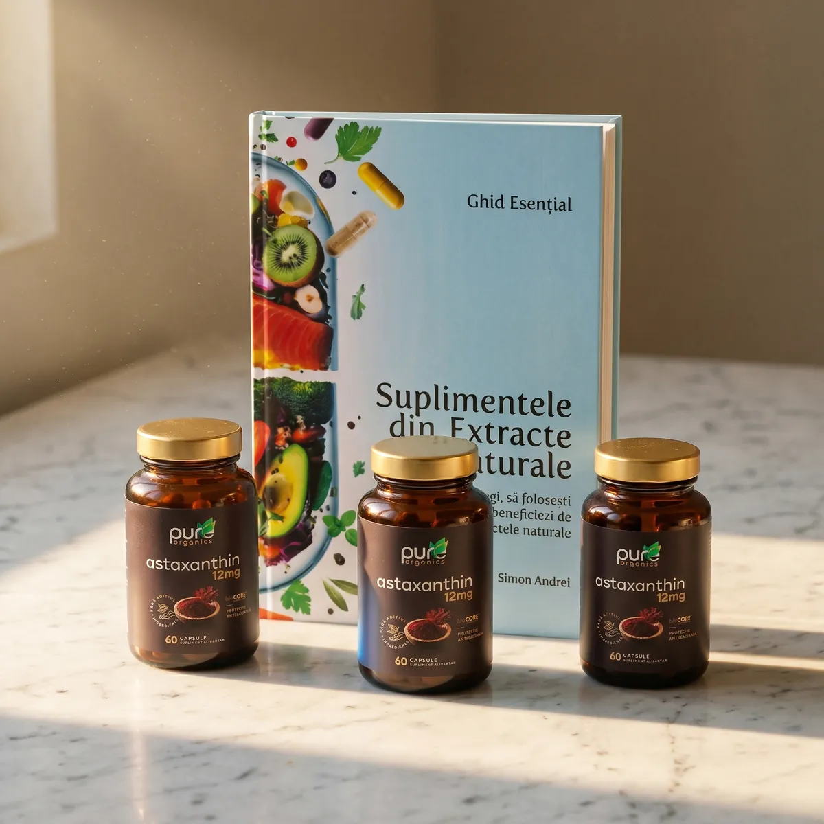 Cartea «Suplimentele din Extracte Naturale» și 3 flacoane Pure Organics Astaxanthin 12mg