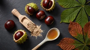 Semințe de castan sălbatic în capsule țepoase, pulbere de extract standardizat și extract lichid pe ardezie