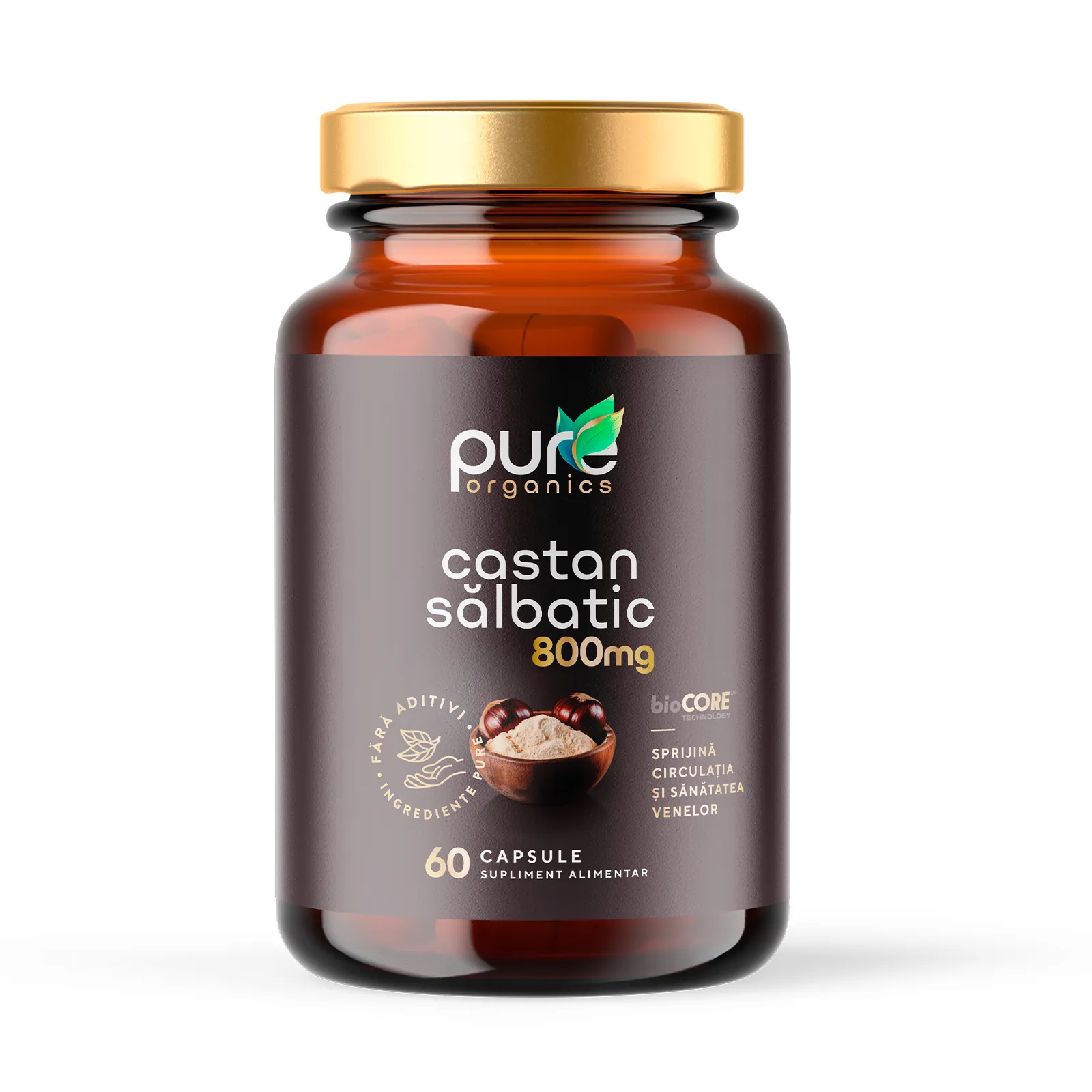 Castan Sălbatic BioCORE® PureOrganics — extract standardizat 20% aescină, capsule pullulan vegetale