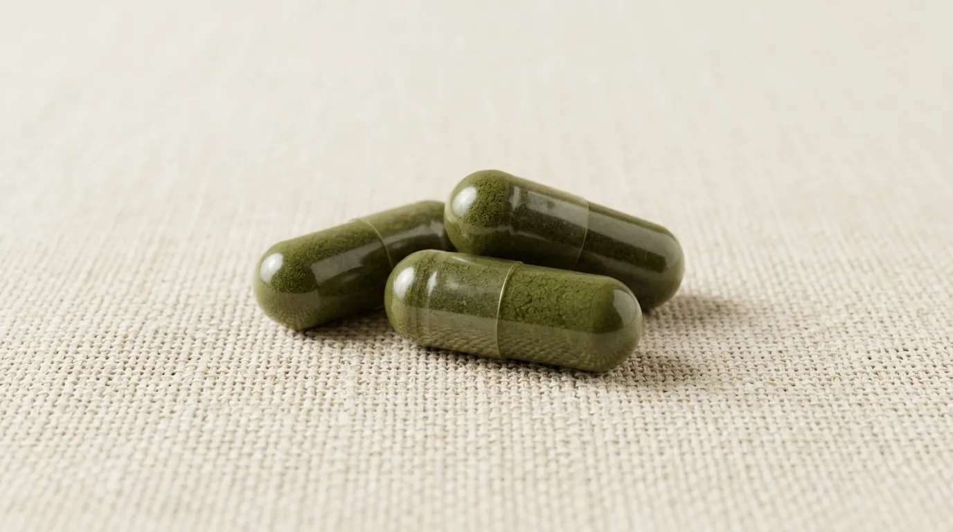 Capsule pullulan Chlorella BioCORE® perete spart — pudra verde intensă din Chlorella vulgaris