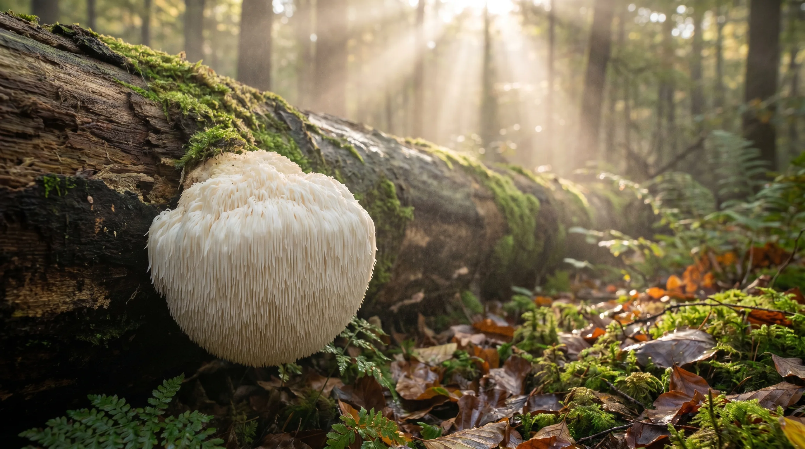 Hericium erinaceus în habitat natural — corpul fructifer cu spini albi pe trunchi de fag în pădure deciduă