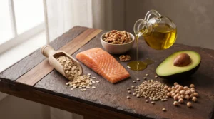 Alimente care scad colesterolul — ovăz, somon, nuci, ulei de măsline, avocado și leguminoase pe o suprafață de ardezie