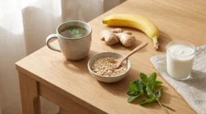 Alimente prietenoase cu digestia — ceai de mentă, ghimbir, ovăz, banană și iaurt pe o masă de lemn