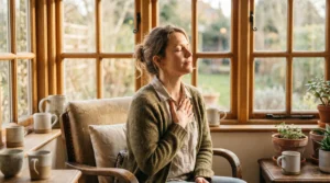 Femeie care respiră calm lângă fereastră — gestionarea naturală a stresului și cortizolului