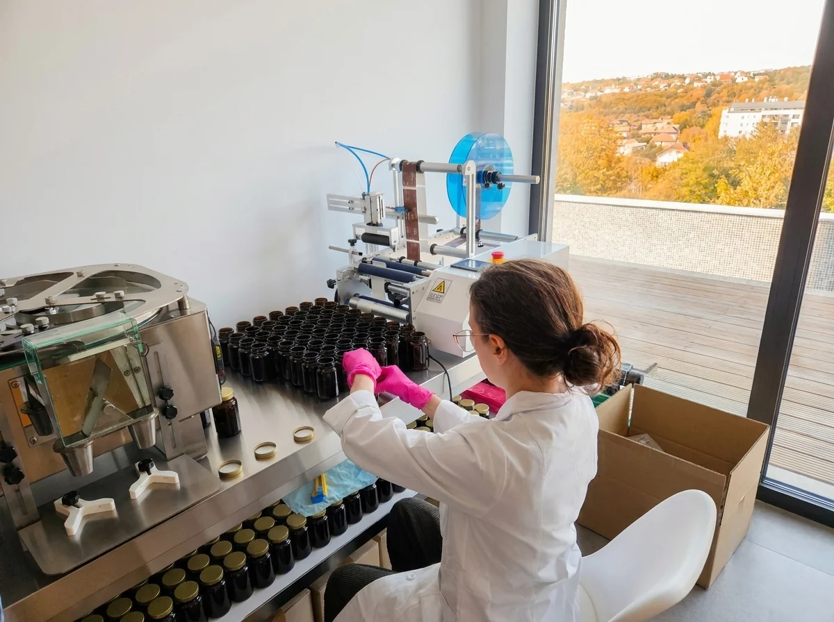 Operatoare PureOrganics inspectând flacoanele înainte de etichetarea finală