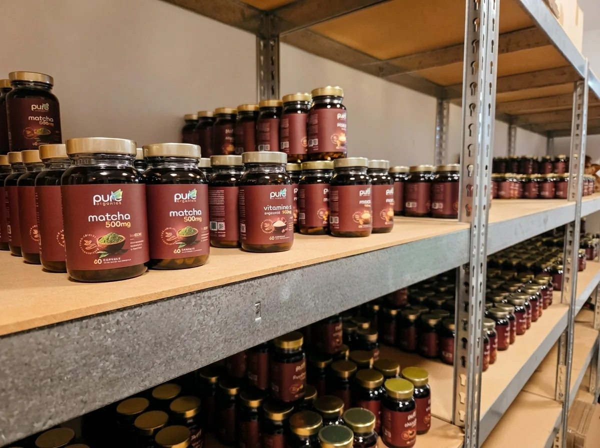 Rafturile cu flacoane PureOrganics gata de picking în depozitul din Oradea