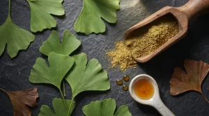 Frunze de Ginkgo biloba, pulbere de extract standardizat și extract lichid pe ardezie