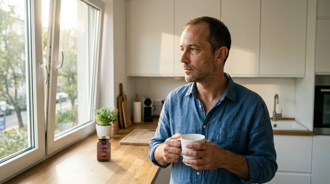 Bărbat în bucătărie dimineața — energie și concentrare susținute cu Panax Ginseng BioCORE®