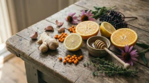 Ingrediente naturale pentru imunitate — lămâi, portocale, ghimbir, usturoi, cătină, soc, echinacea și miere pe lemn rustic