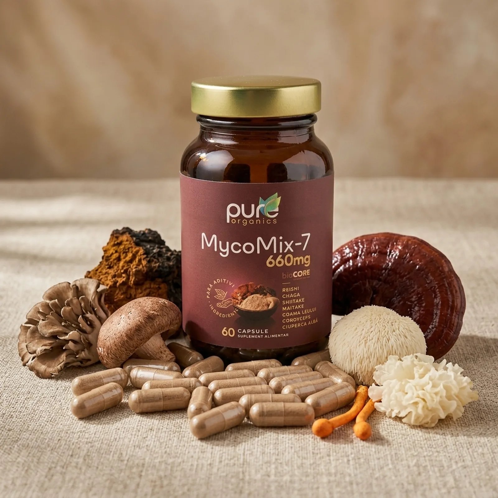 Extract 7 ciuperci medicinale — Reishi, Chaga, Shiitake, Maitake, Lion's Mane, Cordyceps, Tremella