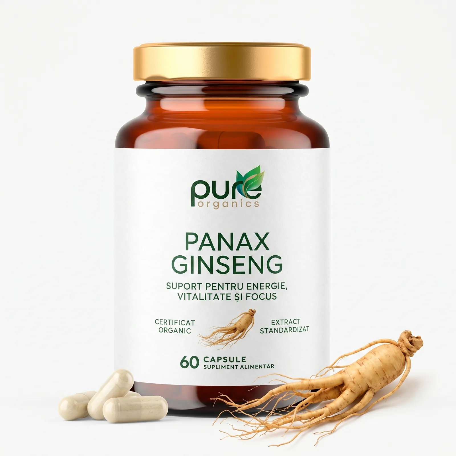 Panax ginseng PureOrganics — extract standardizat la ginsenozide, 60 capsule pullulan