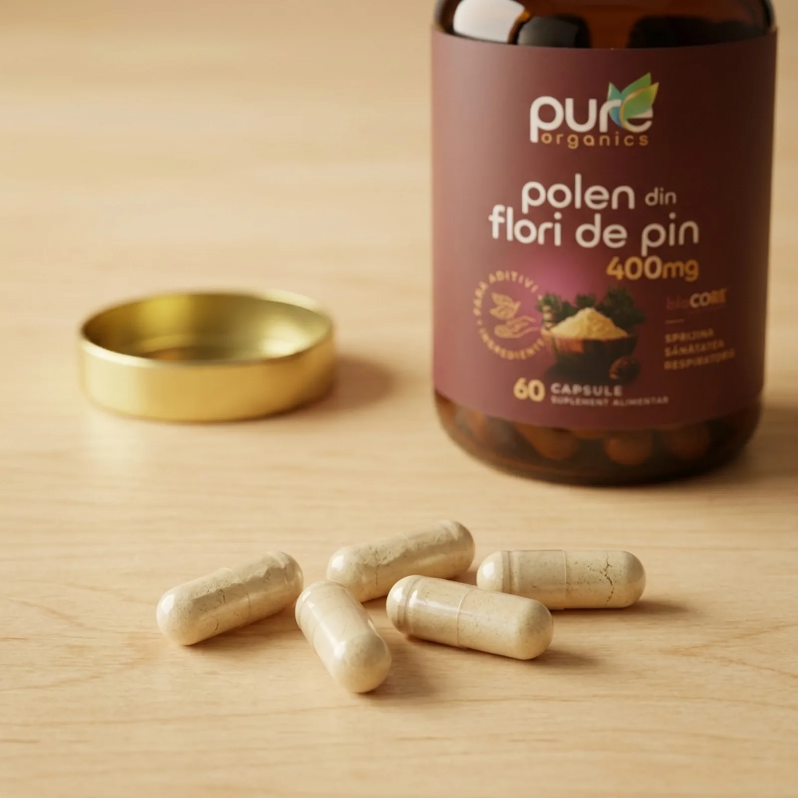 Macro capsule pullulan Polen de Pin BioCORE® — flacon în fundal