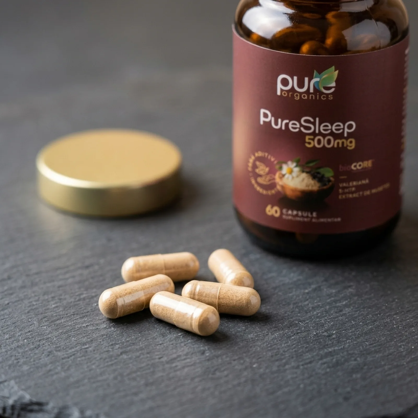 PureSleep — macro capsule pullulan pe suprafață de ardezie
