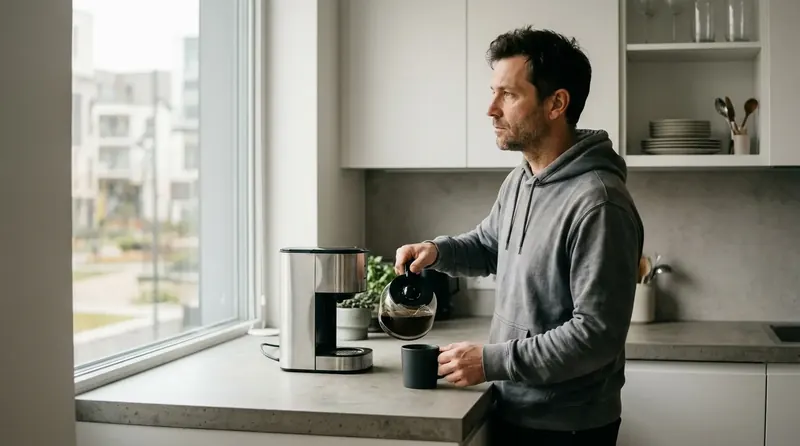 Bărbat la a doua cafea dimineața — dependență de cafeină, energie artificială