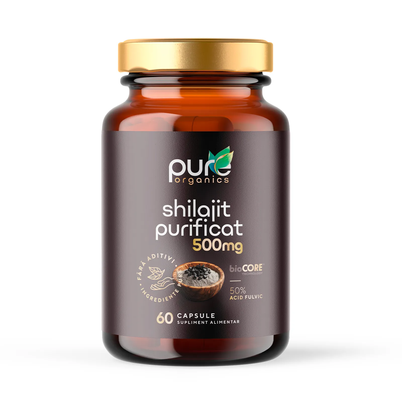 Shilajit PureOrganics BioCORE® — capsule pullulan, sticlă farmaceutică ambră