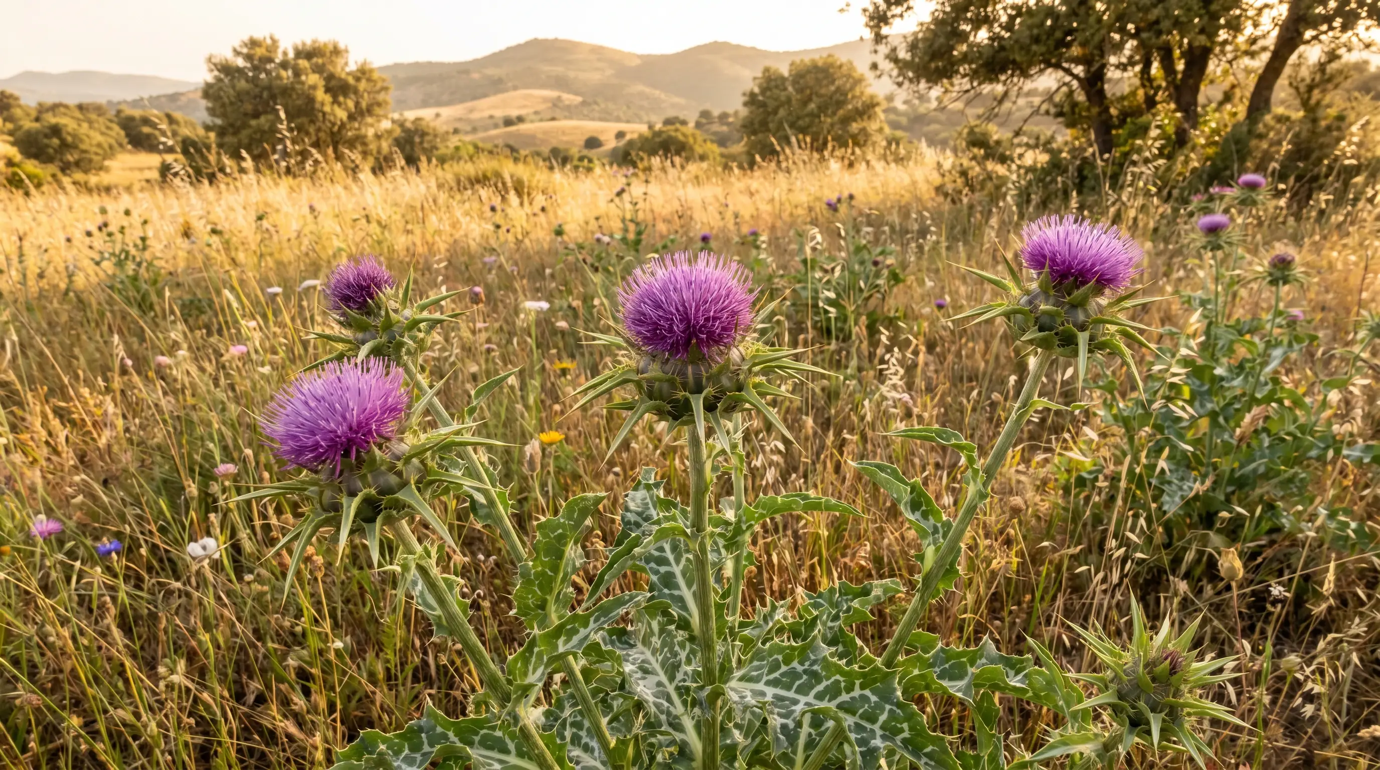 Silybum marianum (armurariu) sălbatic în habitat — sursa naturală a flavonolignanelor