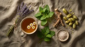 Ingrediente naturale pentru somn — lavandă uscată, ceai de mușețel, mentă, valeriană, hamei și cristale de magneziu pe pânză de in